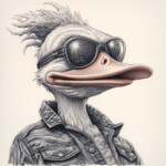 Bleistiftzeichnung einer Punk-Ente mit Sonnenbrille, Irokesenfrisur und Lederjacke | Pencil drawing of a punk duck with sunglasses, mohawk hairstyle and leather jacket