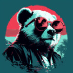 Cooler Panda mit roter Sonnenbrille und Jacke, Pop-Art-Stil in Türkis und Pink | Cool panda wearing red sunglasses and jacket, pop art style in teal and pink