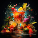 Kristallglas mit tropischem Cocktail, umgeben von Früchten und Blüten | Crystal glass with tropical cocktail surrounded by fruits and flowers