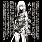 Manga-Kriegerin mit Katana, umgeben von japanischen Schriftzeichen, Schwarz-Weiß | Manga warrior with katana, surrounded by Japanese characters, black and white