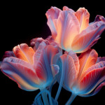Drei leuchtende Tulpen in Orange-Rot mit blauen Adern auf schwarzem Hintergrund | Three glowing tulips in orange-red with blue veins on black background