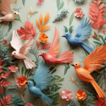 Sechs bunte Papiervögel in Blau, Orange und Koralle zwischen Papierblumen | Six colorful paper birds in blue, orange and coral among paper flowers