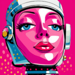 Pop-Art Astronautin mit pinkem Gesicht, blauen Augen und weißem Helm auf Magenta-Hintergrund | Pop-art female astronaut with pink face, blue eyes and white helmet on magenta background
