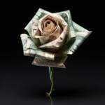 Origami-Rose aus US-Dollarscheinen mit grünem Stiel vor schwarzem Hintergrund | Origami rose folded from US dollar bills with green stem on black background