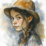 Aquarell-Portrait: Mädchen mit braunem Strohhut und Zopf, blau-ockerfarbener Hintergrund | Watercolor portrait: girl with brown straw hat and braid, blue-ochre background