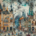 Phantastische mittelalterliche Stadt mit Türmen, fliegenden Wesen und belebtem Marktplatz | Fantastical medieval city with towers, flying creatures and bustling marketplace