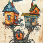 Aquarell-Illustration: Drei skurrile Häuser auf Fahrradrädern, rauchende Schornsteine | Watercolor illustration: Three whimsical houses on bicycle wheels with smoking chimneys