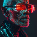 Älterer Mann mit leuchtend roten LED-Brille, Lederj­acke, Cyan-Neonlicht, Cyberpunk-Stil | Older man with glowing red LED glasses, leather jacket, cyan neon light, cyberpunk style