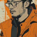 Digitale Illustration: Asiatischer Mann mit Brille, lockigem Haar und oranger Jacke | Digital illustration: Asian man with glasses, curly hair and orange jacket, grunge style