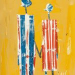 Zwei stilisierte Figuren in Blau und Rot halten Hände unter weißem Mond auf Goldgelb | Two stylized figures in blue and red holding hands beneath white moon on golden yellow background