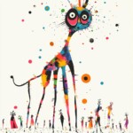 Fantastisches giraffenartiges Wesen mit großen Augen, bunten Farbklecksen und winzigen Figuren | Fantastical giraffe-like creature with big eyes, colorful paint splatters and tiny figures below