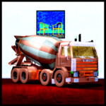 3D-Betonmischer-LKW von Scania vor Gemälde mit zwei Stühlen | 3D concrete mixer truck by Scania in front of painting with two chairs